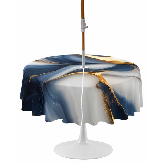 Navy Blue Marble Round Outdoor Tablecloth, Waterproof Table Cloth Cover with Umbrella Hole and Zipper, Gold Modern Art Table Protector for Patio Party Picnic 54" Round
