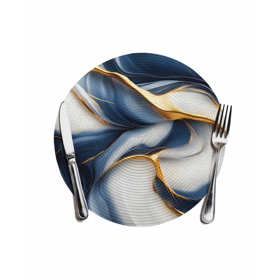 Navy Blue Marble Round Placemats for Dinning Tables, Heat-proof Braided Table Mats 13 Inch, Gold Modern Art Washable Place Mat for Kitchen Restaurant Party Decor Supplies Table Setting