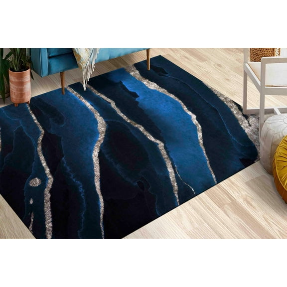 Navy Blue Marble Rug, Luxury Marble Rug, Blue Rug, Modern Rugs, Indoor Rug, Thin Rug, Customs Rug, Non-Slip Carpet, Office Rug, Silver Rug, 5.9'x9.2' - 180x280 cm