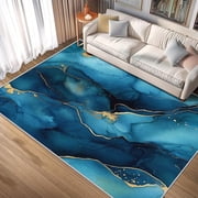Navy Blue Marble Rug, Washable Area Rugs for Bedroom, Abstract Wave Patterned Carpet for Living Room Dining Room Office, Modern Fluid Decor, Non Slip, Thin, Ultra Soft 4 x 6ft