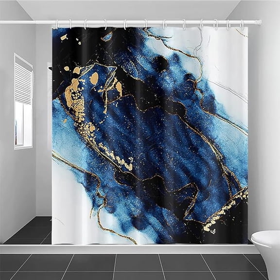 Navy Blue Marble Shower Curtain, Abstract Dark Blue Polyester Waterproof Bathroom Decoration Modern Luxury Gold Glitter Marble Fabric Bathtub RV Shower Curtains With Hooks 36"W x 72"L