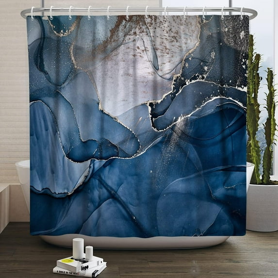 Navy Blue Marble Shower Curtain Gold Line Cracks Drape Modern Abstract Luxury Texture Shower Curtains Decorative for Bathroom Waterproof Fabric Shower Curtain with Hooks 72x84 Inches