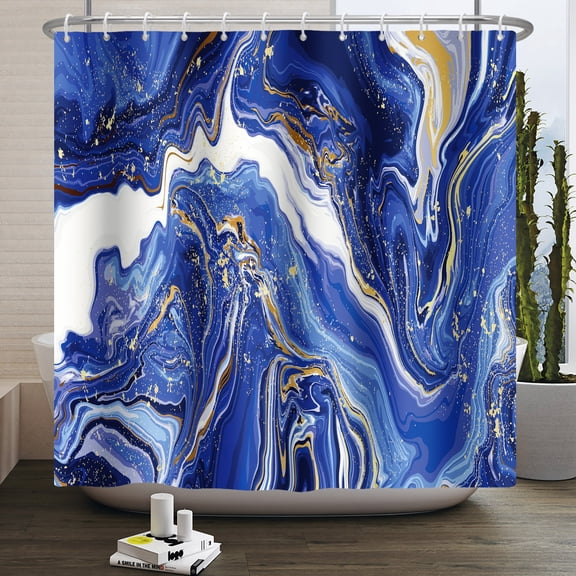 Navy Blue Marble Shower Curtain,Modern Aesthetic Blue Ink Texture Bathroom Curtain with Hooks,72x72 Inch