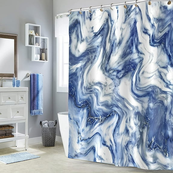 Navy Blue Marble Shower Curtain Set, Blue White Shower Curtain for Bathroom Decor, Abstract Fabric Shower Curtain for Bathtub, Dark Blue Cloth Shower Curtain, 72 x 72
