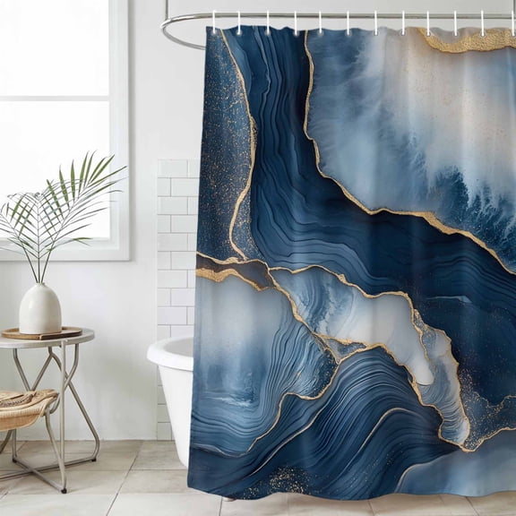 Navy Blue Marble Shower Curtain Set, Waterproof Shower Curtains for Bathroom, Modern Ink Painted Artwork Washable Fabric Cloth Bath Curtain for Bathtub Decoration with Hooks 66x72 Inches
