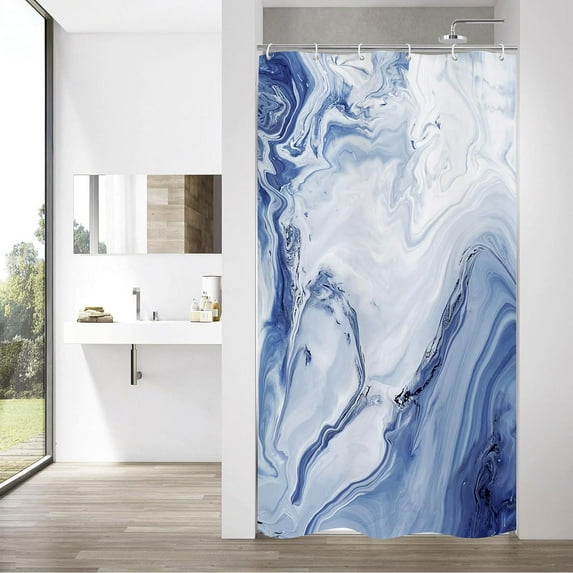 Navy Blue Marble Small Stall Shower Curtain 36 x 72, Abstract Ombre Half Size Narrow Shower Curtain Set, 36 inch Modern Fabric Shower Curtains for Chic Luxury Bathroom Decor
