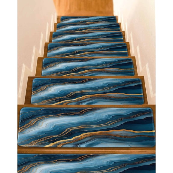 Navy Blue Marble Stair Treads for Wooden Steps Indoor Runner Rug Carpet, Abstract Ink Painting Contemporary 15 Pieces Peel and Stick Staircase Step Treads Covers Washable Throw Door Mats, 30"x8"