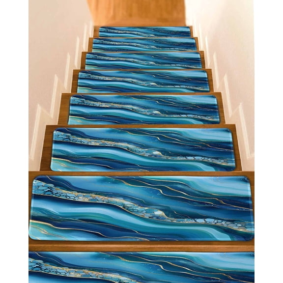 Navy Blue Marble Stair Treads for Wooden Steps Indoor Runner Rug Carpet, Abstract Ink Painting Modern Yellow 15 Pieces Peel and Stick Staircase Step Treads Covers Washable Throw Door Mats, 30"x8"