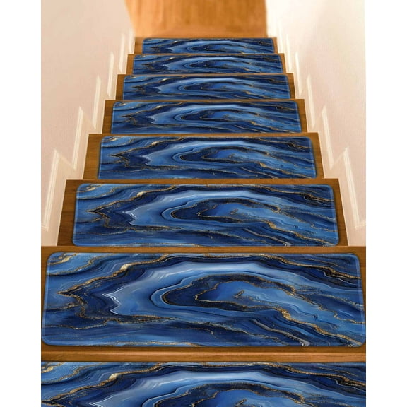 Navy Blue Marble Stair Treads for Wooden Steps Indoor Runner Rug Carpet, Contemporary Ink Painting Abstract 7 Pieces Peel and Stick Staircase Step Treads Covers Washable Throw Door Mats, 30"x8"