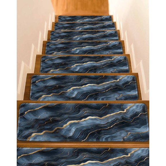 Navy Blue Marble Stair Treads for Wooden Steps Indoor Runner Rug Carpet, Luxury Abstract Modern 7 Pieces Peel and Stick Staircase Step Treads Covers Washable Throw Door Mats, 30"x8"
