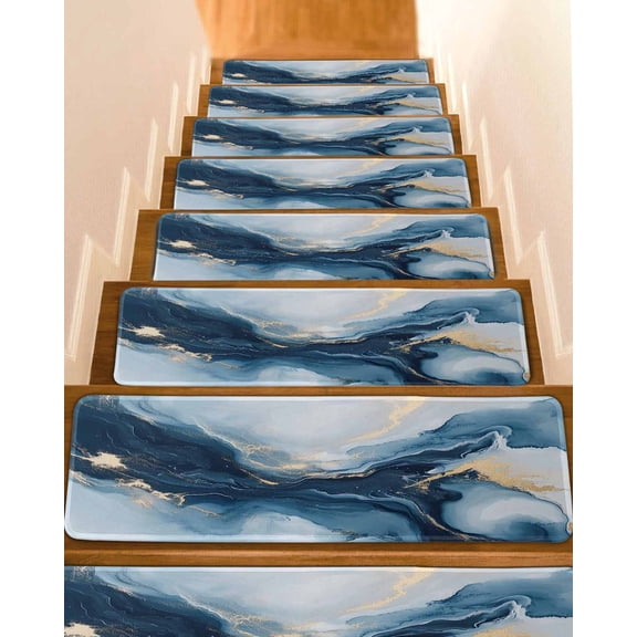 Navy Blue Marble Stair Treads for Wooden Steps Indoor Runner Rug Carpet, Modern Abstract Ink Painting 7 Pieces Peel and Stick Staircase Step Treads Covers Washable Throw Door Mats, 30"x8"