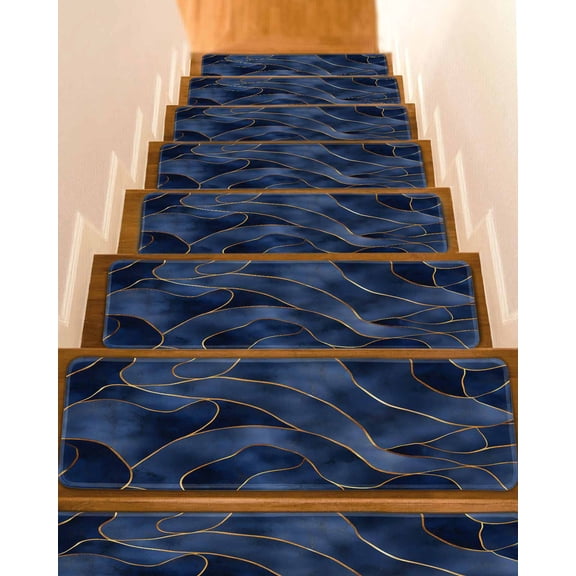 Navy Blue Marble Stair Treads for Wooden Steps Indoor Runner Rug Carpet, Modern Golden Geometric Abstract 15 Pieces Peel and Stick Staircase Step Treads Covers Washable Throw Door Mats, 30"x8"