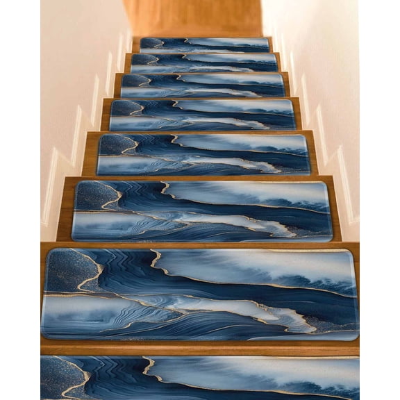 Navy Blue Marble Stair Treads for Wooden Steps Indoor Runner Rug Carpet, Modern Ink Painted Artwork 7 Pieces Peel and Stick Staircase Step Treads Covers Washable Throw Door Mats, 30"x8"