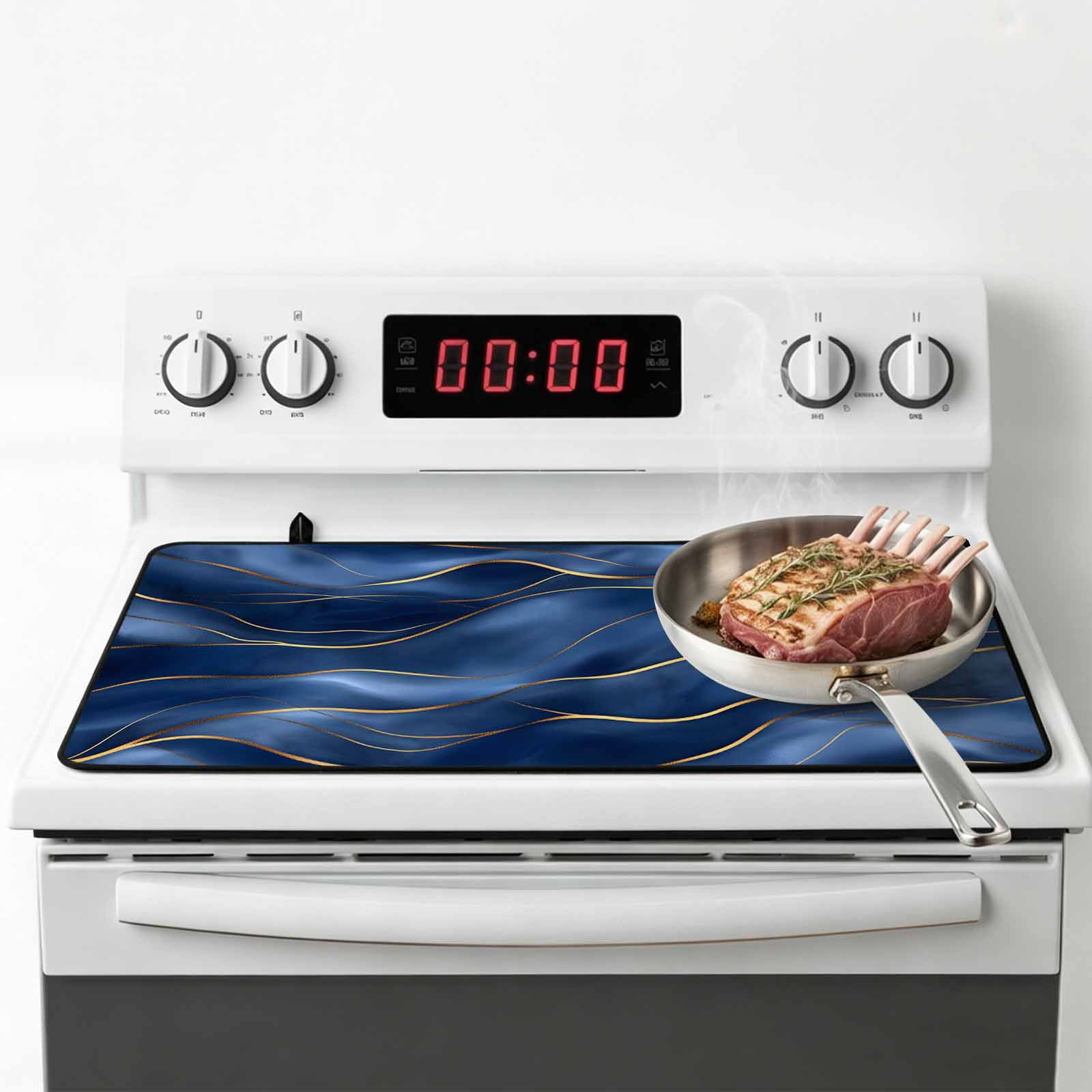 Navy Blue Marble Stove Top Cover for Electric Stove, Heat-proof & Non Slip Glass Top Stove Cover Protector, Abstract Modern Golden Geometric Kitchen Flat Cooktop Rubber Mat 24x21 Inches