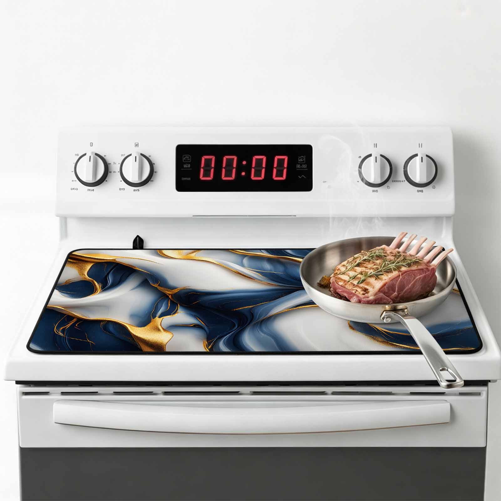 Navy Blue Marble Stove Top Cover for Electric Stove, Heat-proof & Non Slip Glass Top Stove Cover Protector, Gold Modern Art Kitchen Flat Cooktop Rubber Mat 24x21 Inches