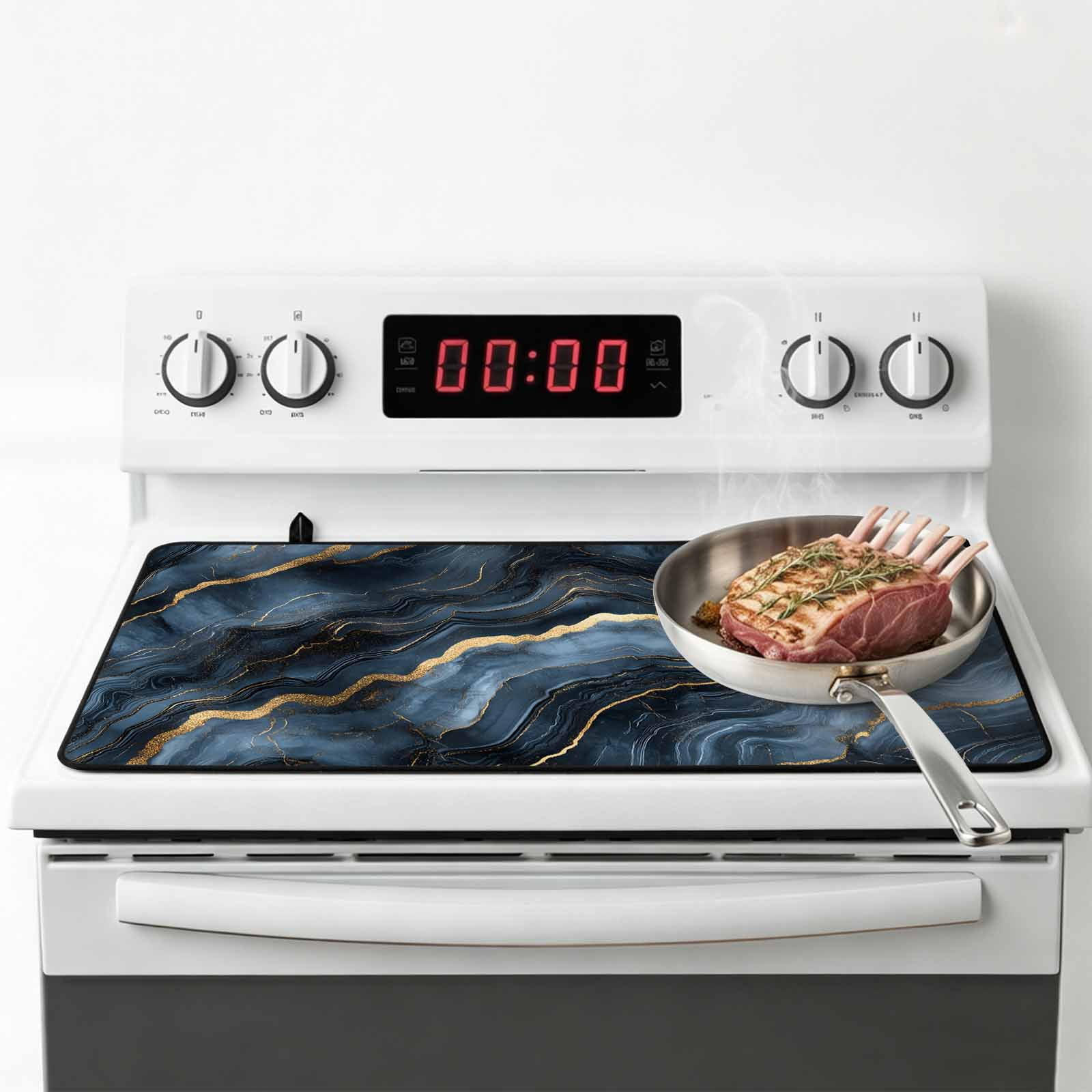 Navy Blue Marble Stove Top Cover for Electric Stove, Heat-proof & Non Slip Glass Top Stove Cover Protector, Luxury Abstract Modern Kitchen Flat Cooktop Rubber Mat 24x21 Inches