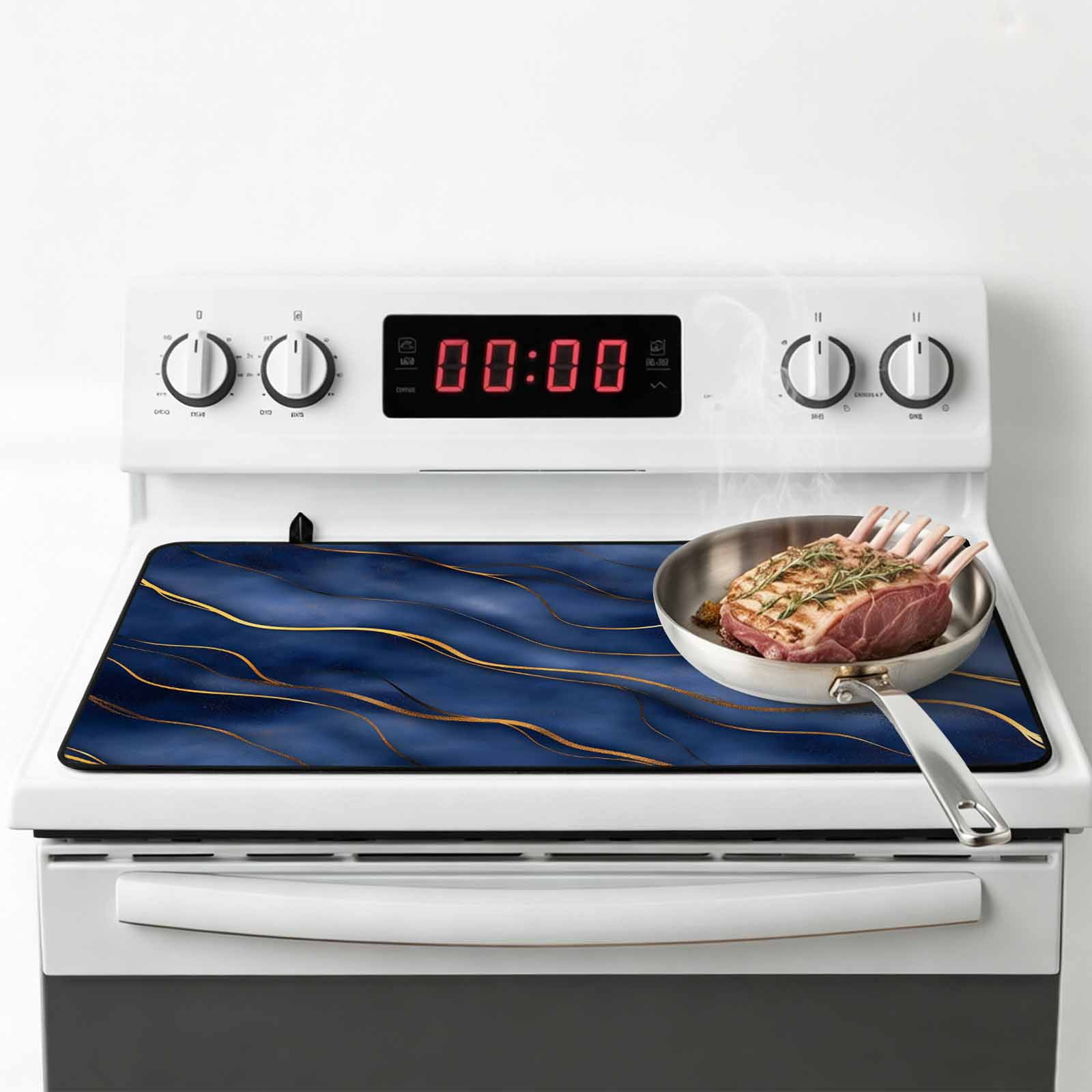 Navy Blue Marble Stove Top Cover for Electric Stove, Heat-proof & Non Slip Glass Top Stove Cover Protector, Modern Golden Geometric Art Kitchen Flat Cooktop Rubber Mat 24x21 Inches