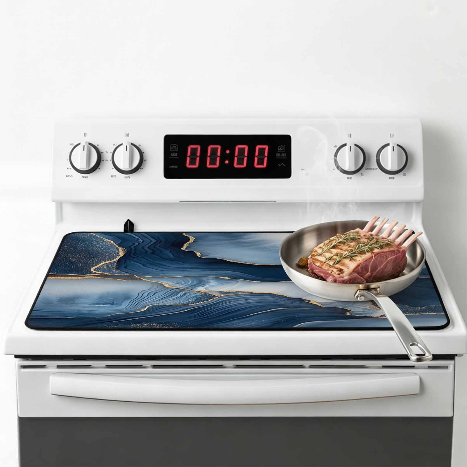 Navy Blue Marble Stove Top Cover for Electric Stove, Heat-proof & Non Slip Glass Top Stove Cover Protector, Modern Ink Painted Artwork Kitchen Flat Cooktop Rubber Mat 24x21 Inches