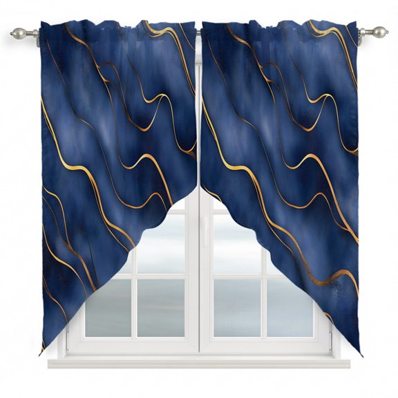 Navy Blue Marble Swag Curtain Valances, Modern Golden Geometric Art Kitchen Valance for Window, Rod Pocket Small Topper Drapes for Cafe Bedroom Bathroom 2 Panels Window Treatment 28"x36"