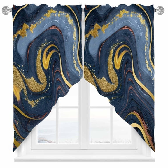 Navy Blue Marble Swag Kitchen Curtain Valances, Modern Abstract Golden Waves Rod Pocket Curtains Window Treatment Decor Valances for Bedroom Bathroom, 2 Panels 36 x 36 Inch