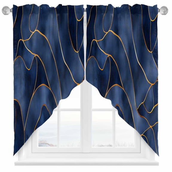 Navy Blue Marble Swag Valances for Windows 2 Pack Modern Abstract Gold Geometric Swag Kitchen Curtains 63 Inches Long Rod Pocket Short Window Treatment for Kitchen Bathroom 36"x63"