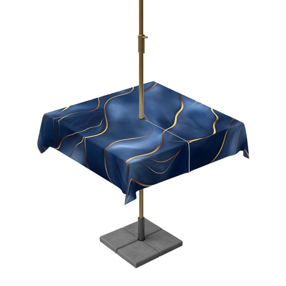 Navy Blue Marble Table Cloth Rectangle Outdoor Tablecloth, Abstract Modern Golden Geometric Waterproof Wrinkleproof Table Cover with Umbrella Hole and Zipper for Party/Dining/Patio/Wedding 60x60 Inch