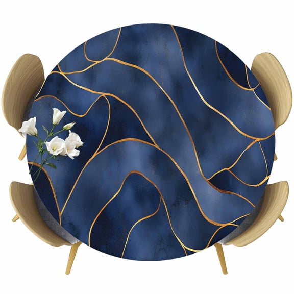 Navy Blue Marble Table Cloth, Round Fitted Tablecloths with Elastic Edge, Modern Golden Geometric Abstract Wipeable Waterproof Table Cover for Kitchen Wedding 36-44 Inches