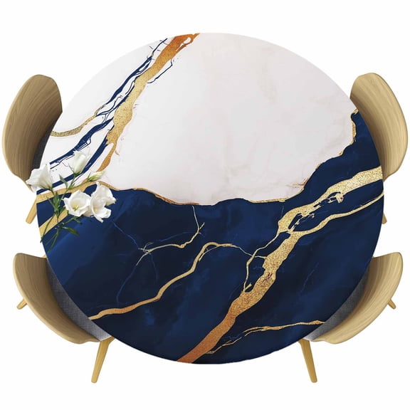 Navy Blue Marble Table Cloth, Round Fitted Tablecloths with Elastic Edge, Modern Ink Painting Art Abstract Wipeable Waterproof Table Cover for Kitchen Wedding 36-44 Inches