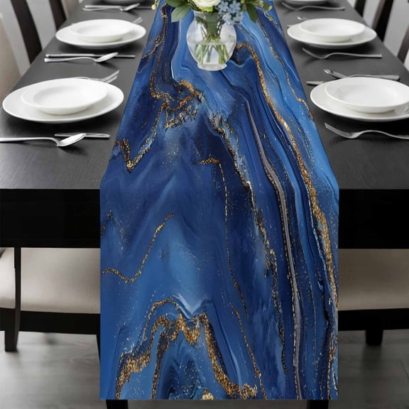 Navy Blue Marble Table Runner 36 Inches Long, Contemporary Ink Painting Abstract Kitchen Coffee Dining Table Decoration for Home Party Birthday Wedding Home Decor 13x36 Inches