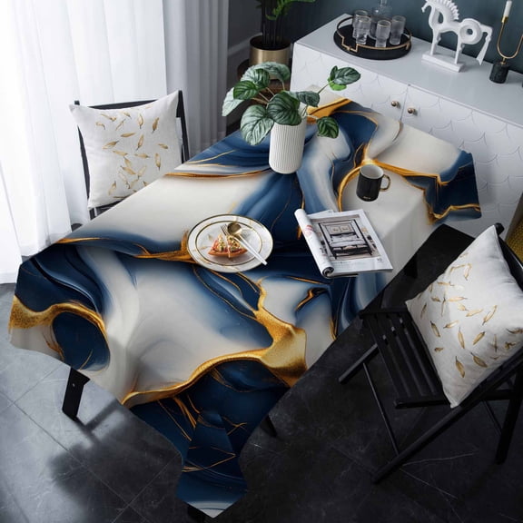 Navy Blue Marble Tablecloth Rectangle Table Cloths 54x108 , Waterproof Tablecloth Outdoor Table Cloth, Gold Modern Art Washable Table Cover for Kitchen Dining Party