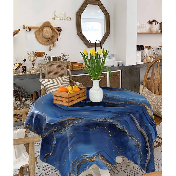 Navy Blue Marble Tablecloth Square Table Cloth 54x54, Waterproof Tablecloth Outdoor Table Cloth, Contemporary Ink Painting Abstract Washable Table Cover for Kitchen Dining Party