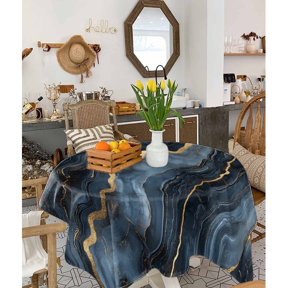 Navy Blue Marble Tablecloth Square Table Cloth 54x54, Waterproof Tablecloth Outdoor Table Cloth, Luxury Abstract Modern Washable Table Cover for Kitchen Dining Party