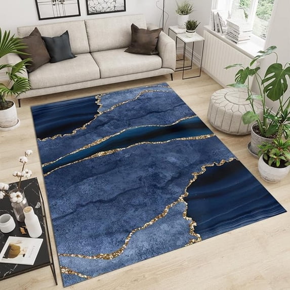 Navy Blue Marble Texture Area Rug, Luxurious Blue And Gold Geometric Stripes Large Rugs, With Easy Clean Carpet For Living Room Bedroom Kitchen Dining Room Home Office 3x4ft