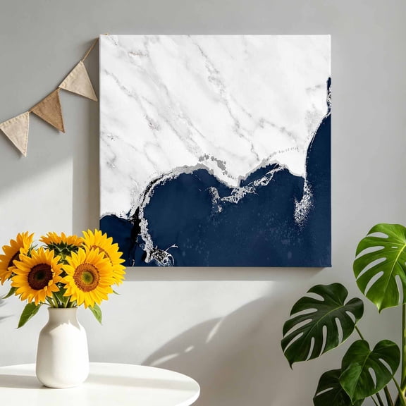 Navy Blue Marble Texture Canvas Wall Art, Abstract Retro Wave Framed Canvas Wall Decor Picture Print Artwork Decorations for Living Room Office Ready to Hang 8" x 8"