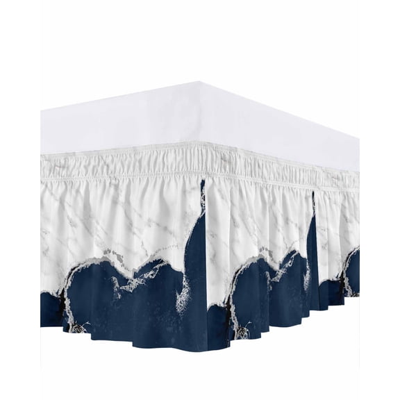 Navy Blue Marble Texture Ruffle Bed Skirt Queen Size Abstract Retro Wave Adjustable Elastic Dust Bed Skirts Wrap Around Bedskirt Wrinkle Free Easy Fit with 16 Inch Drop
