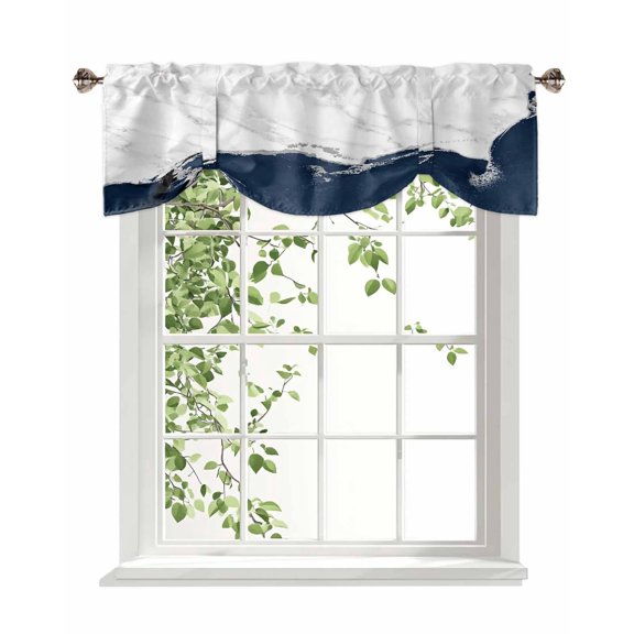 Navy Blue Marble Texture Tie Up Valances Curtain, Adjustable Kitchen Abstract Retro Wave Valances for Windows Decor, Rod Pocket Short Curtains Set for Bedroom/Bathroom, 54"x18"