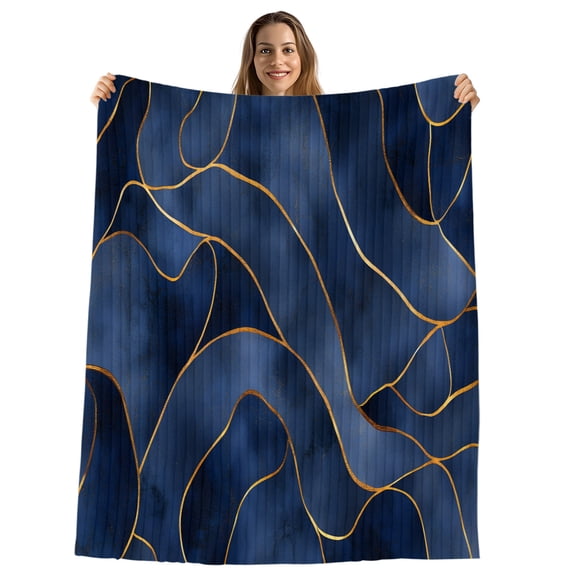Navy Blue Marble Throw Blanket, Flannel Fleece Blanket with Striped Design for Couch, Modern Golden Geometric Abstract Soft Breathable All Season Plush Blankets for Sofa Office Chair 30"x40"