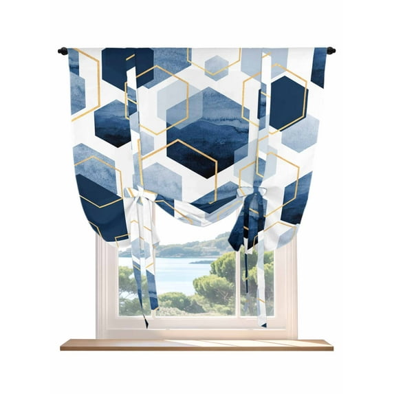 Navy Blue Marble Tie Up Curtains for Windows 54 Inch Length Balloon Curtains Kitchen Adjustable Balloon Window Shade Gold White Geometric Hexagon Modern Tie Up Valance Bathroom Curtain Window 42"x54"