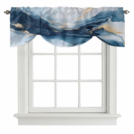 Navy Blue Marble Tie Up Valance Curtains for Windows, Kitchen Curtains Window Shades, Modern Abstract Ink Painting Light Filtering Roman Curtain Valances for Bedroom/Bathroom/Cafe 42"x12"