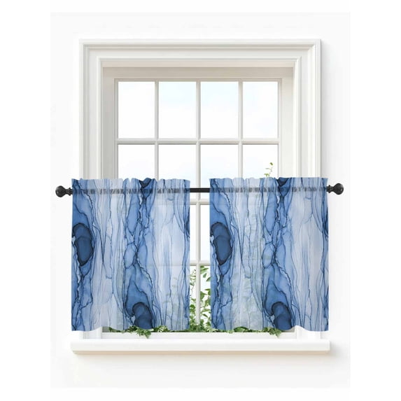 Navy Blue Marble Tier Curtains 36 Inch Length,Sheer Curtains for Bedroom Living Room Window Modern Abstract Luxury Fluid Artwork Short Kitchen Curtains Drapes for Small Half Window 27.5"x36" 2 Panels