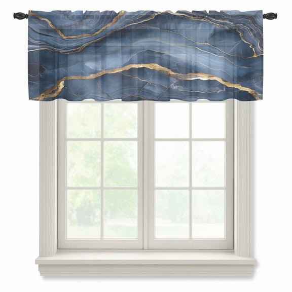 Navy Blue Marble Valance Curtains for Kitchen/Living Room/Bathroom/Bedroom Window, Rod Pocket Small Topper Half Short Window Curtains Voile Sheer Scarf, Modern Contemporary Art 54"x18"