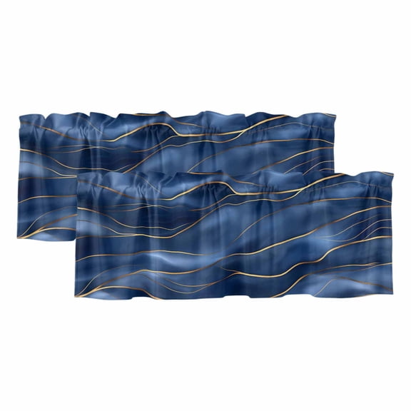 Navy Blue Marble Valances for Windows, Light Filtering Kitchen Curtain Valances 2 Panels, Abstract Modern Golden Geometric Rod Pocket Short Window Treatments for Living Room Bedroom 42"Wx12"L
