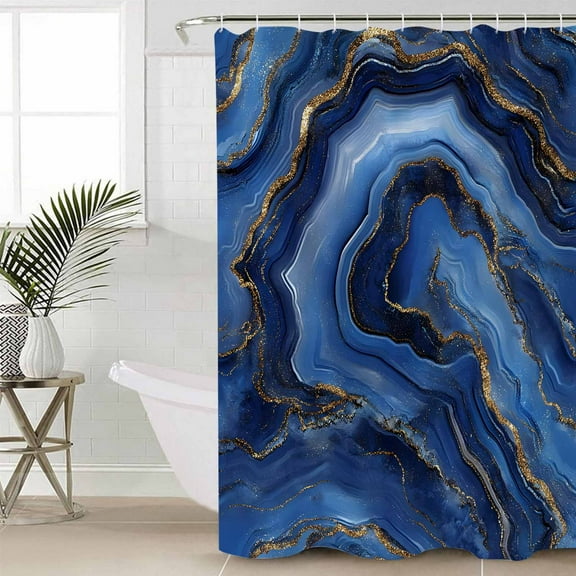 Navy Blue Marble Waterproof Fabric Shower Curtain, Contemporary Ink Painting Abstract Shower Curtain for Bathroom Curtains Bathtubs Hotel Washable Shower Curtains with 12 Hooks Small 36x72in