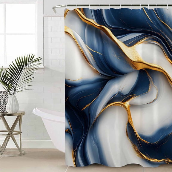 Navy Blue Marble Waterproof Fabric Shower Curtain, Gold Modern Art Shower Curtain for Bathroom Curtains Bathtubs Hotel Washable Shower Curtains with 12 Hooks Extra Long 72x84