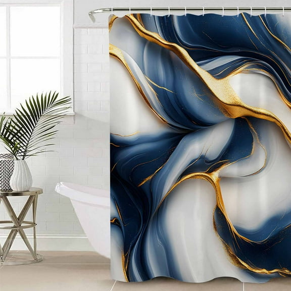 Navy Blue Marble Waterproof Fabric Shower Curtain, Gold Modern Art Shower Curtain for Bathroom Curtains Bathtubs Hotel Washable Shower Curtains with 12 Hooks Long 72x78in