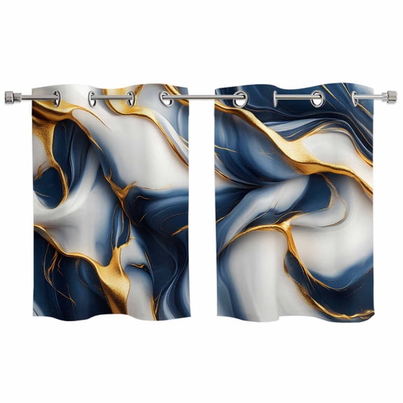 Navy Blue Marble Window Curtains Panels with Silver Grommet, Gold Modern Art Kitchen Cafe Curtain Draperies Window Treatment Set for Living Room/Bedroom/Laundry Room/Bathroom/Cafe, 55x39