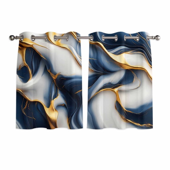 Navy Blue Marble Window Curtains Panels with Silver Grommet, Gold Modern Art Kitchen Cafe Curtain Draperies Window Treatment Set for Living Room/Bedroom/Laundry Room/Bathroom/Cafe, 84x45