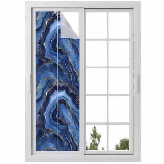 Navy Blue Marble Window Privacy Film, Contemporary Ink Painting Abstract Static Cling UV Sun Blocking Heat Control Window Tint Day and Night, Non-Adhesive One Way Windows Privacy Cover 17.7''x78.7''