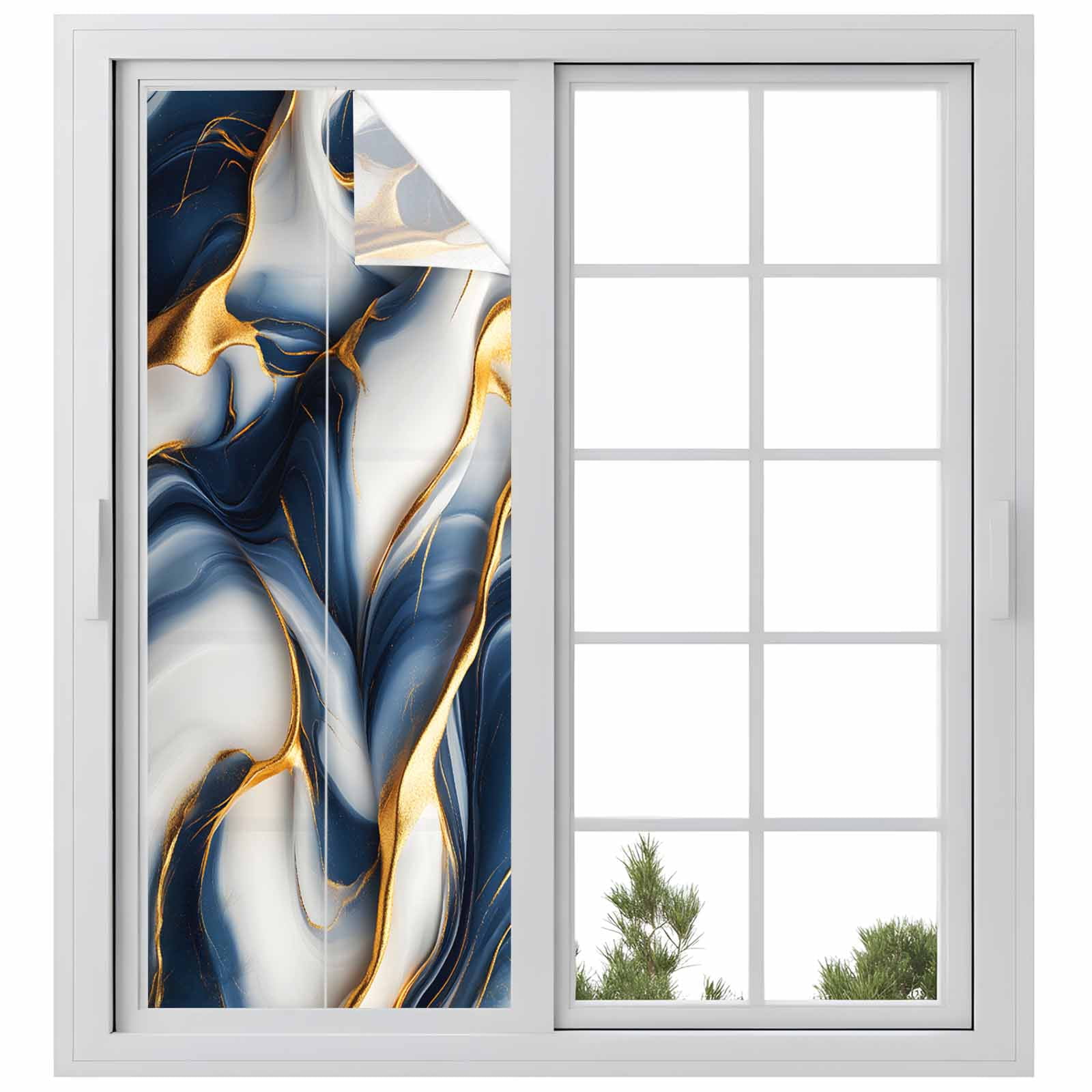 Navy Blue Marble Window Privacy Film, Gold Modern Art Static Cling UV Sun Blocking Heat Control Window Tint Day and Night, Non-Adhesive Reusable One Way Windows Privacy Cover 23.6''x59''
