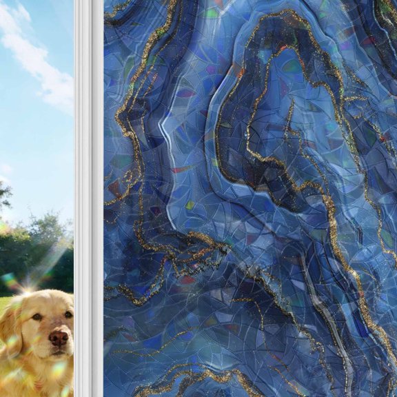 Navy Blue Marble Window Privacy Film Stain Glass,Reusable Decorative Rainbow Window Film,Contemporary Ink Painting Abstract Static Cling Sun Blocking Stickers Decals Covers 17.7" x 78.7" (2pcs)